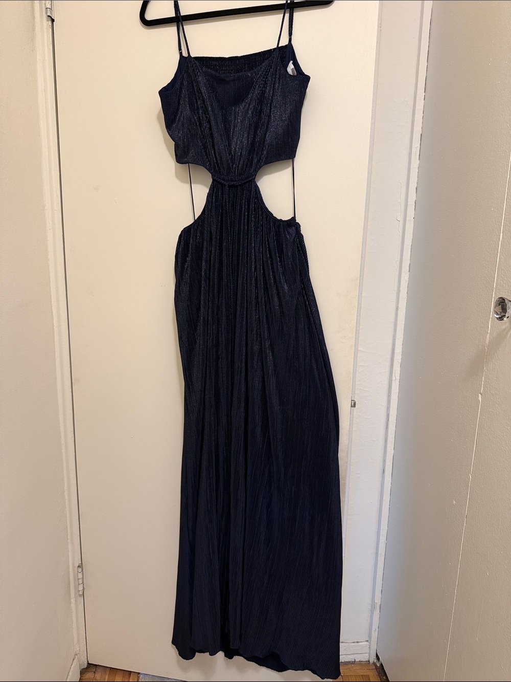 EUC Jonathan Simkhai Navy Blue Pleated Shimmer Back Out Maxi Dress